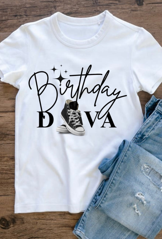 Birthday Diva with the black and white chucks tshirt